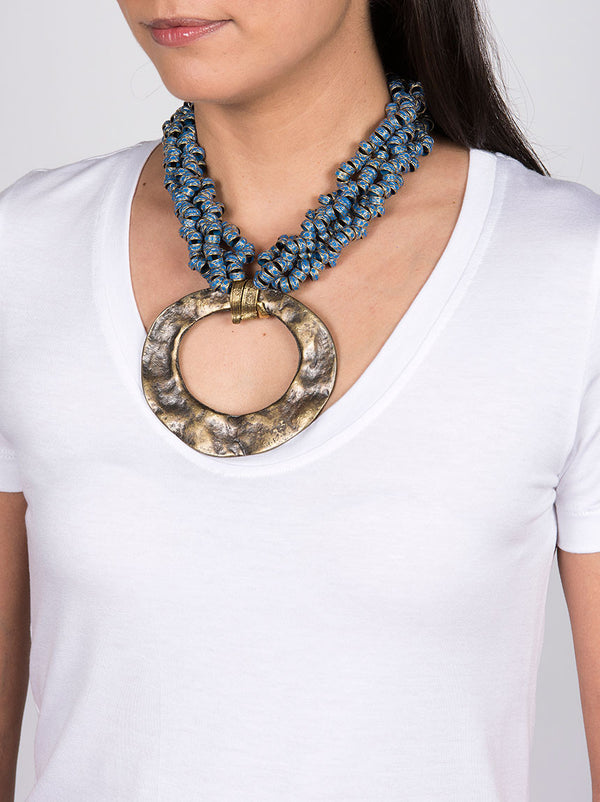 Statement Necklace, Gold Metal with Blue Design