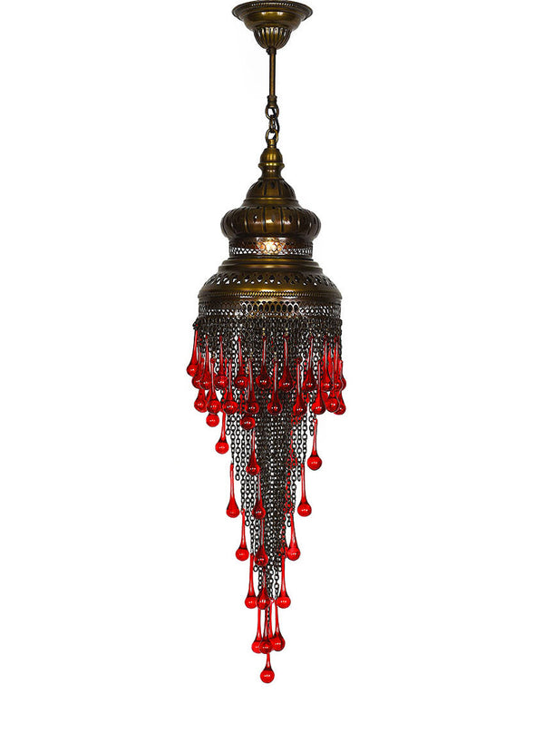 Metal Chain Chandelier, Red Glass