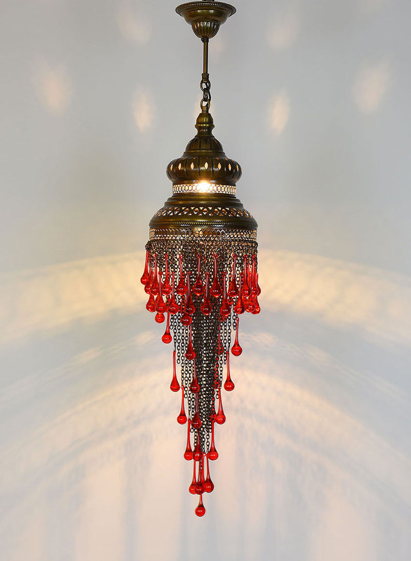 Metal Chain Chandelier, Red Glass