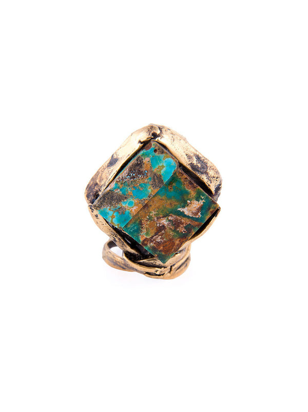 Statement Ring, Gold Metal with Turqoise Design