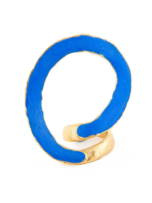 Statement Ring, Gold Metal with Blue Design