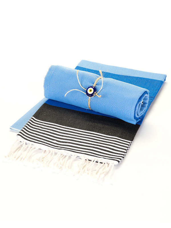 Beach Towel - Blue, Black, and Tan Stripe