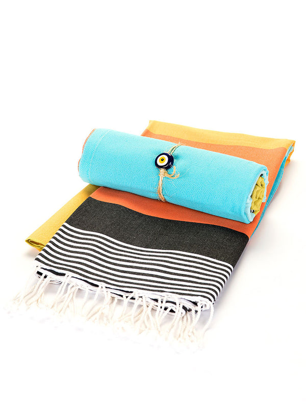 Beach Towel - Black, Orange, Yellow, Teal Stripe